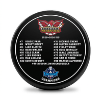 Custom team hockey puck printed with a full roster of player names and numbers and a champions logo