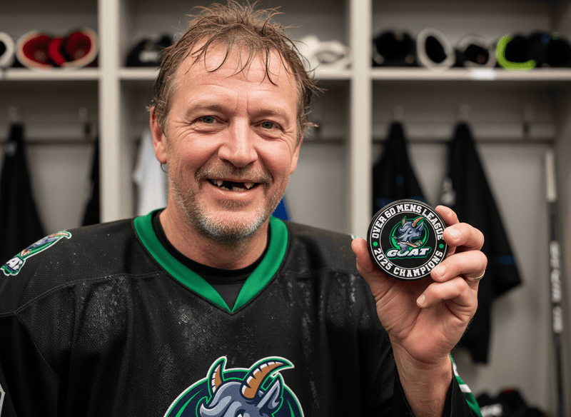 Smiling hockey player in a dark green jersey holding a custom team puck in a locker room