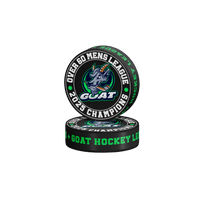 Stack of green custom team hockey pucks with league champion graphics