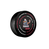 Custom hockey puck printed with a player illustration and name