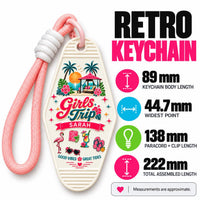 Size diagram of the Girls Trip retro motel keychain showing keychain body length, widest point, paracord and clip length and total assembled length