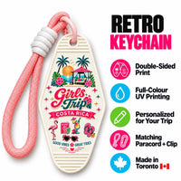 Personalized Girls Trip Costa Rica retro motel keychain with tropical artwork and pink paracord, with feature list: double-sided print, full-colour UV printing, personalized for your trip, matching paracord and clip, made in Toronto