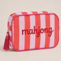 Red and white striped Mahjong tile bag with a red tassel and embroidered mahjong lettering