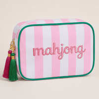 Pink and white striped Mahjong tile bag with green trim and a tassel