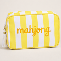 Yellow and white striped Mahjong tile bag with embroidered mahjong lettering