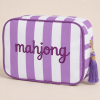 Purple and white striped Mahjong tile bag with a purple tassel and embroidered mahjong lettering