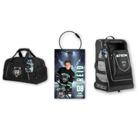 Hockey bag tag with a player photo and number shown beside a hockey duffel bag and backpack
