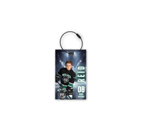 Single personalized hockey bag tag with a player photo, name and number