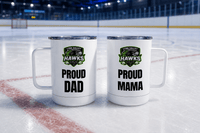 Two white travel mugs reading Proud Dad and Proud Mama with a team crest on an ice rink