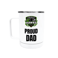 White travel mug printed with a green team crest and the words Proud Dad