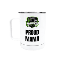 White travel mug printed with a green team crest and the words Proud Mama
